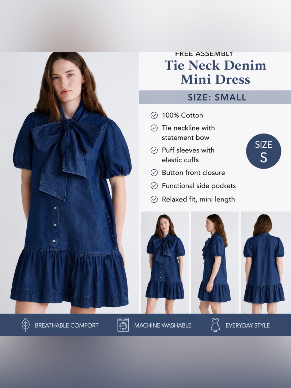 NWT Free Assembly Tie Neck Denim Mini Dress Small